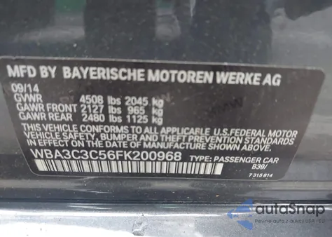 2015 BMW 320I xDrive из США, поврежденный, VIN WBA3C3C56FK200968